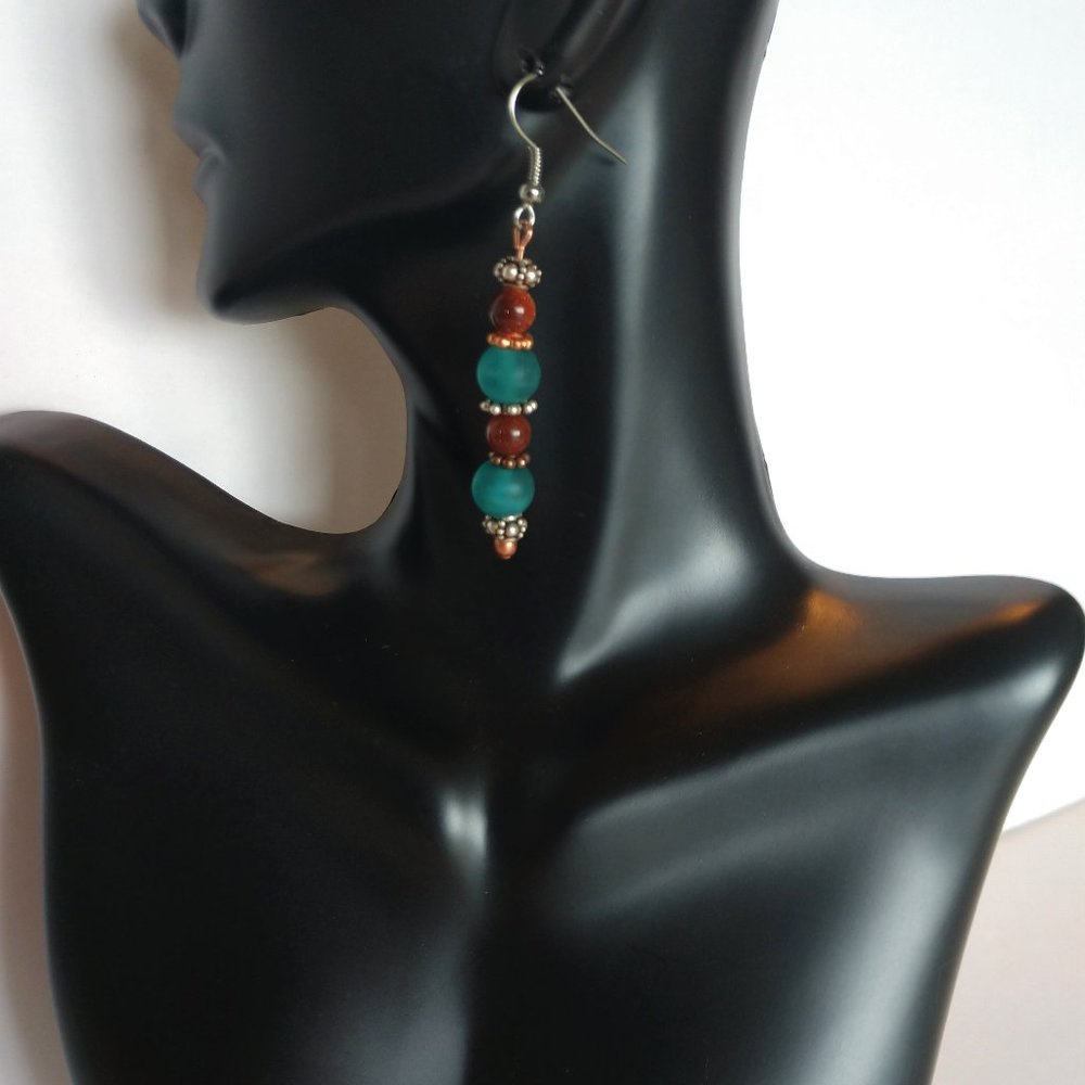 Handmade Teal and Brown Beaded Earrings on Fishhooks Southwestern Style 2.5 inch